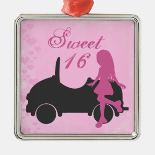 Pink and Black Sweet 16 Silhouette Girl and Car Metal Ornament