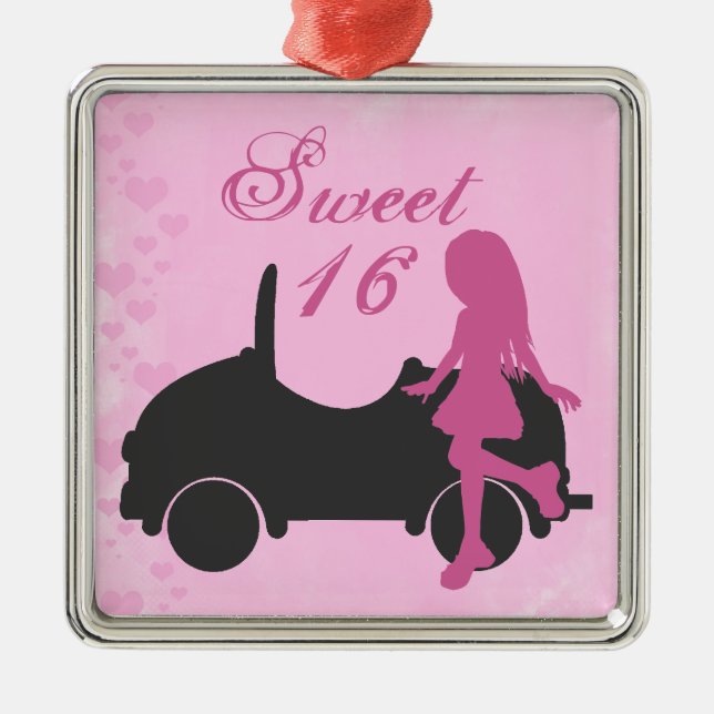 Pink and Black Sweet 16 Silhouette Girl and Car Metal Ornament (Front)