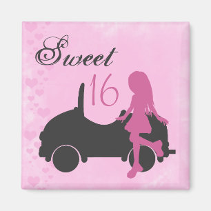 Pink and Black Sweet 16 Silhouette Magnet