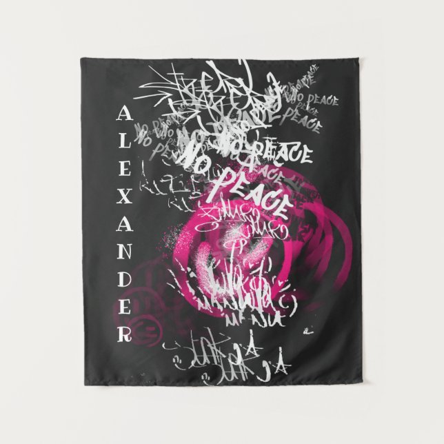 Pink and black Text  No Peace Street Graffiti    Tapestry (Front)