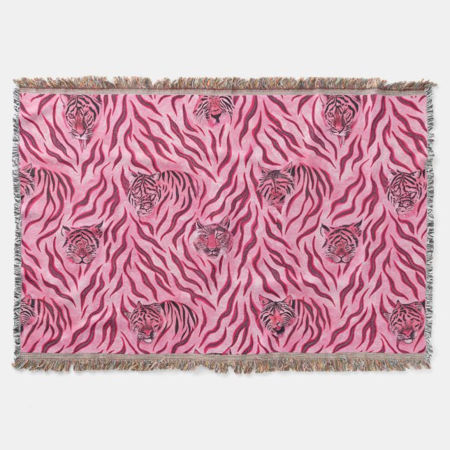 Pink and Black Tiger Print Pattern Throw Blanket (Front)