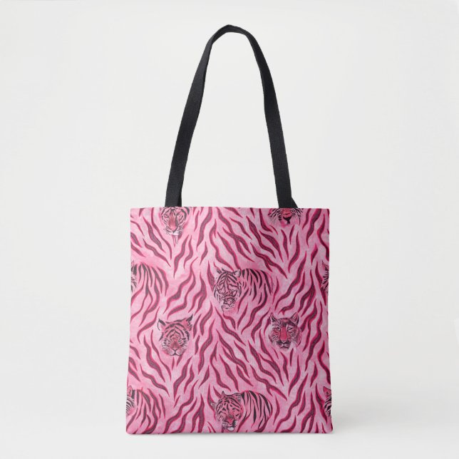 Pink and Black Tiger Print Pattern Tote Bag (Front)