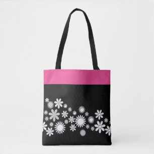 Pink and Black Tote Bag With White Flowers