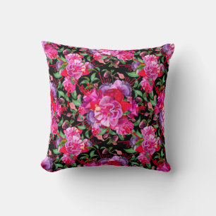Pink And Black Watercolor Fuchsia Blooms Cushion