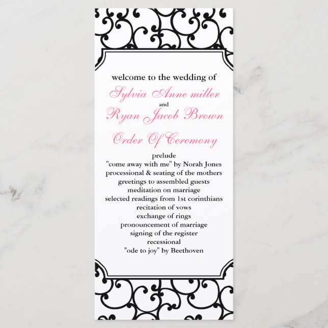 pink and black Wedding program (Front)