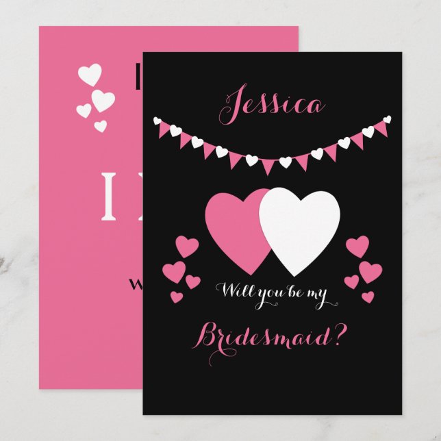 Pink and black with bunting and hearts Bridesmaid Invitation (Front/Back)