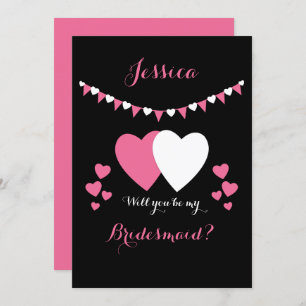 Pink and black with bunting and hearts Bridesmaid Invitation