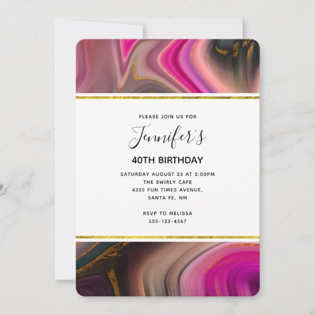 Pink and Black with Gold Swirls Abstract Birthday Invitation (Front)