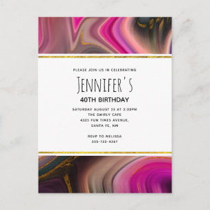 Pink and Black with Gold Swirls Abstract Birthday Invitation Postcard