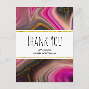 Pink and Black with Gold Swirls Abstract Thank You Postcard