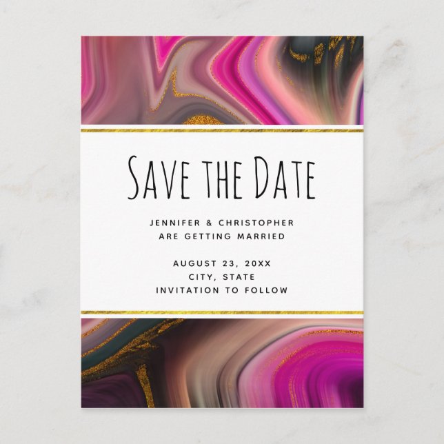 Pink and Black with Gold Swirls Save the Date Invitation Postcard (Front)