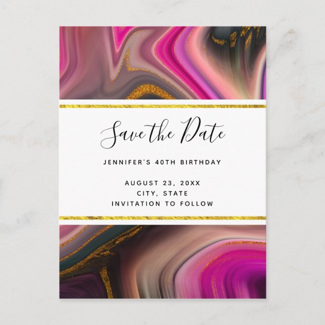 Pink and Black with Gold Swirls Save the Date Invitation Postcard (Front)