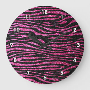 Pink and Black Zebra Print bling (faux glitter) Large Clock