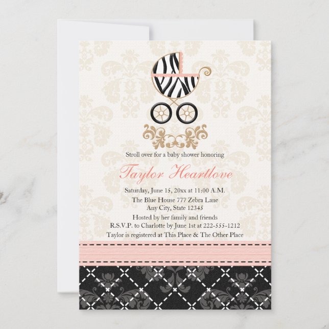 Pink and Black Zebra Print Carriage Baby Shower Invitation (Front)