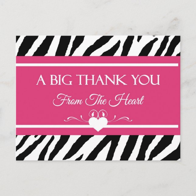 Pink and Black Zebra Print Thank You From Heart Postcard (Front)