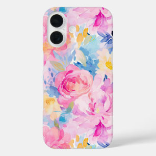 Pink and Blue Abstract Watercolor Flowers iPhone 16 Case