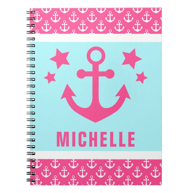 Pink and Blue Anchors Nautical Pattern Notebook (Front)