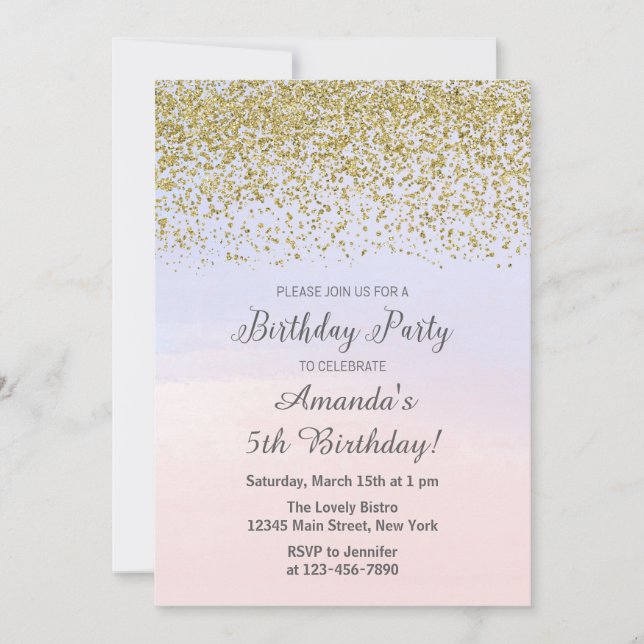 Pink and Blue and Gold Birthday Invitation (Front)