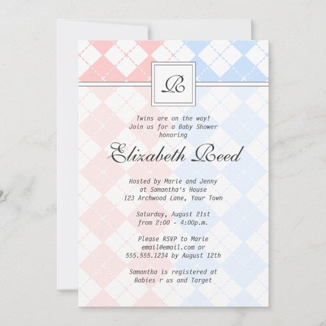 Pink and Blue Argyle Monogrammed Twins Baby Shower Invitation (Front)