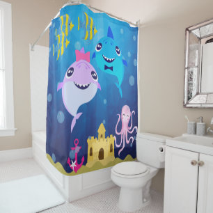 Pink and Blue Baby Shark Shower Curtain