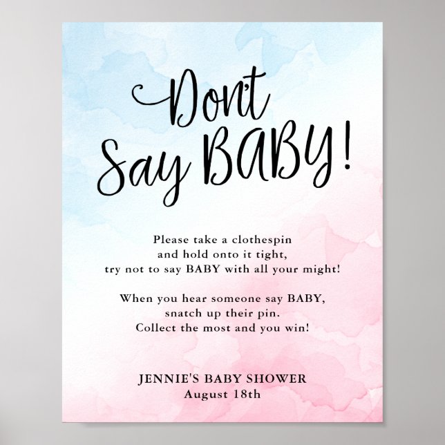 Pink and Blue Baby Shower Don't Say Baby Game Poster (Front)