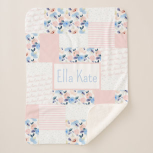 Pink and Blue Baby Watercolor Kids Flower Quilt Sherpa Blanket