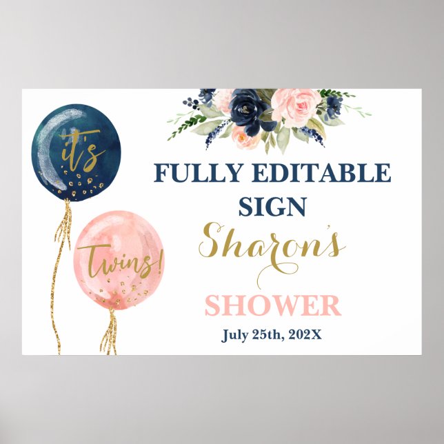 Pink and Blue balloons baby shower Twins sign (Front)