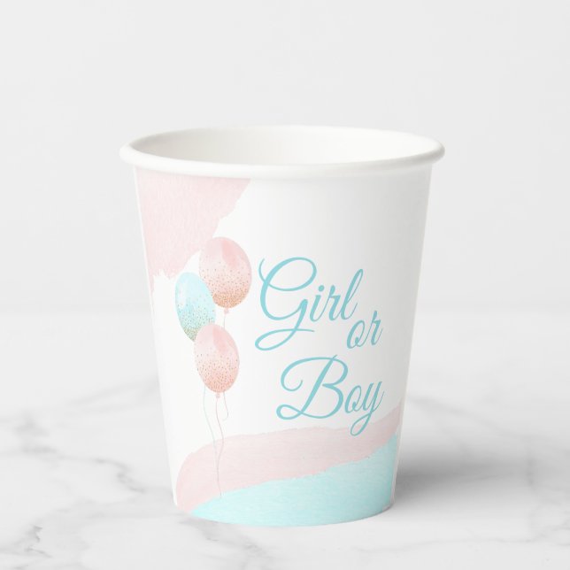 Pink and Blue Balloons Boy or Girl Gender Reveal Paper Cups (Front)