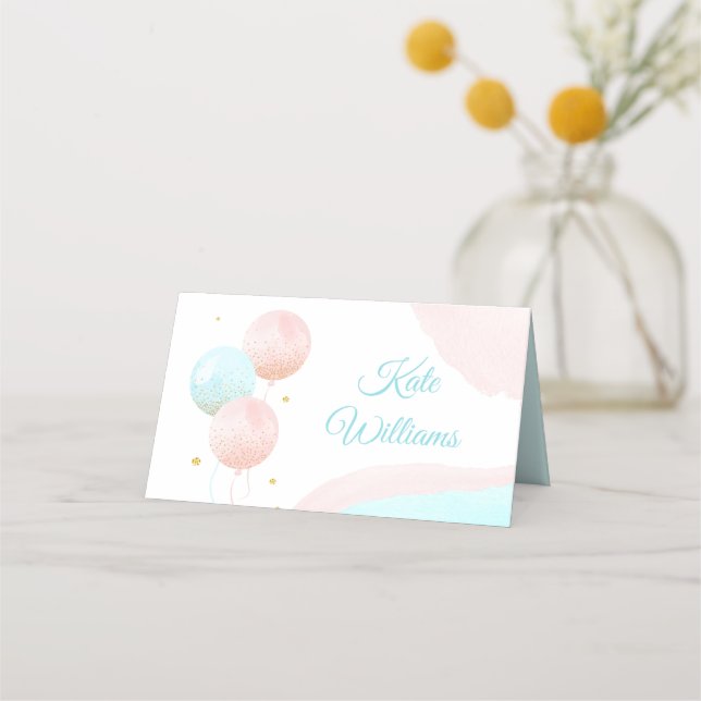 Pink and Blue Balloons Boy or Girl Gender Reveal Place Card (Front)