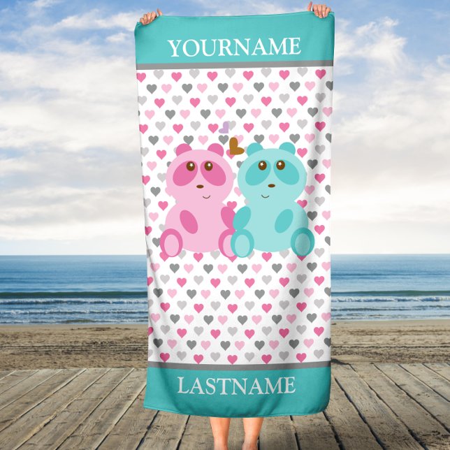 Pink and Blue Bears Custom Name and Last Name Beach Towel (Creator Uploaded)