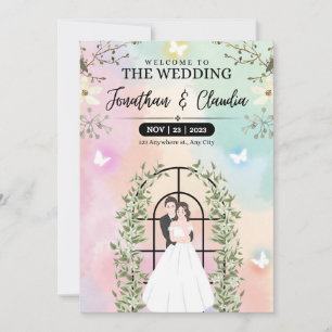 Pink and blue beautiful watercolor wedding invitation