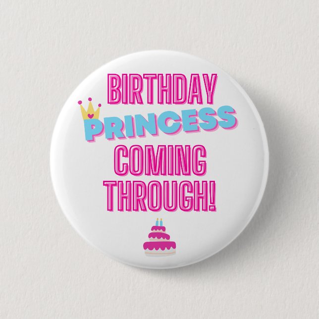 Pink and Blue Birthday Princess Pin Badge  (Front)