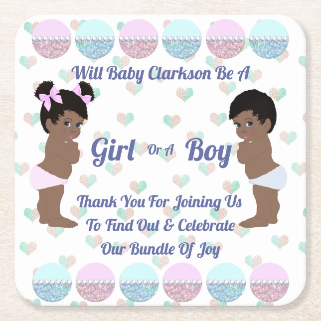 Pink and Blue Bling Cute Baby Gender Reveal Square Paper Coaster (Front)