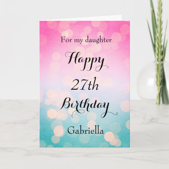 Pink and Blue Bokeh 27th Birthday Card (Front)