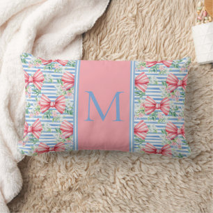 Pink and Blue Bows Flowers and Stripes Monogram Lumbar Cushion