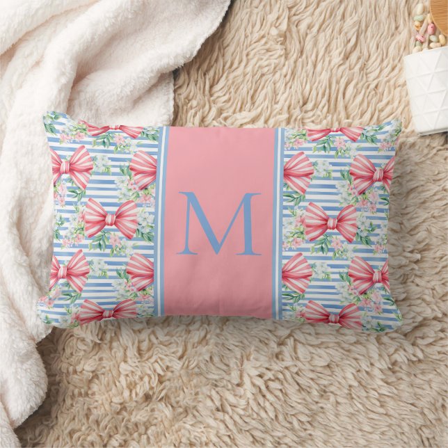 Pink and Blue Bows Flowers and Stripes Monogram Lumbar Cushion (Blanket)