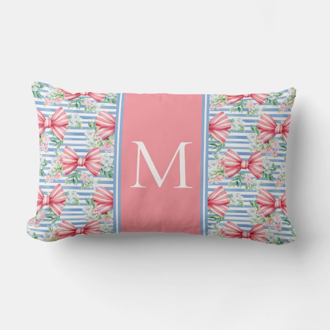 Pink and Blue Bows Flowers and Stripes Monogram Lumbar Cushion (Front)