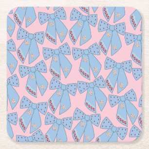 Pink And Blue Bows Square Paper Coaster