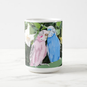 Pink and Blue Budgerigar against Angel Trumpets Coffee Mug