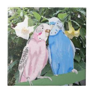 Pink and Blue Budgies against Angel Trumpets  Ceramic Tile