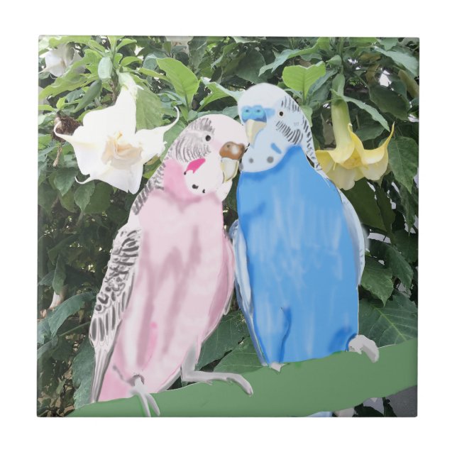 Pink and Blue Budgies against Angel Trumpets  Ceramic Tile (Front)