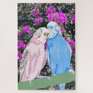 Pink and Blue Budgies against pink Bougainvillia Jigsaw Puzzle