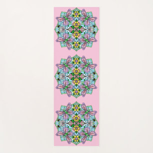 Pink and Blue Butterflies and Flowers Mandala Yoga Mat