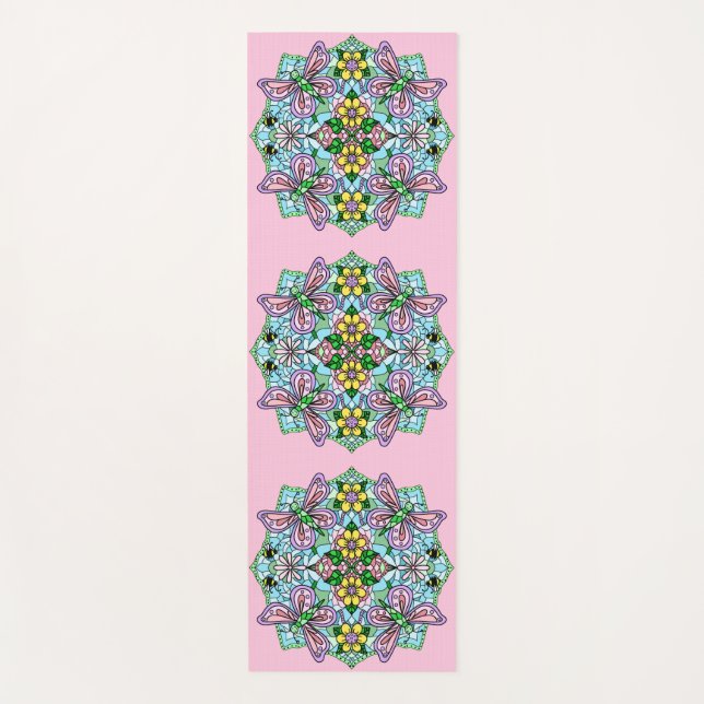 Pink and Blue Butterflies and Flowers Mandala Yoga Mat (Front)