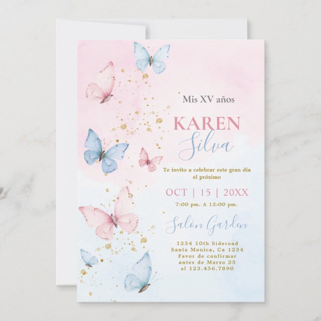 Pink and Blue Butterflies Quinceañera Invitation (Front)