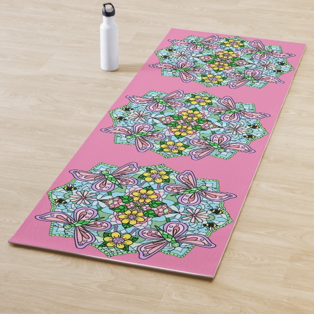 Pink and Blue Butterfly Mandala Patterned  Yoga Mat (In Situ)
