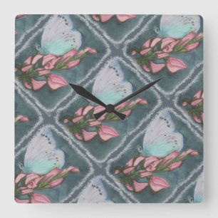 PINK AND BLUE BUTTERFLY SQUARE WALL CLOCK
