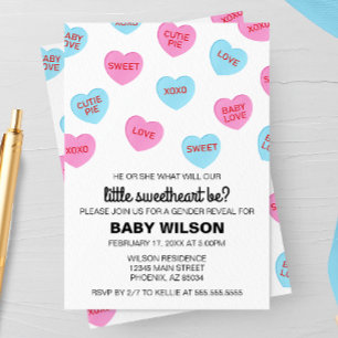 Pink and Blue Candy Hearts Valentine Gender Reveal Invitation