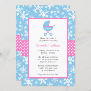 Pink and Blue Carriage Snowflakes Baby Shower Invitation