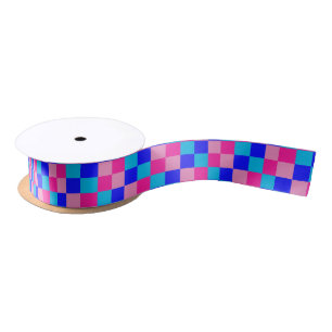 Pink and Blue Checkered Print Satin Ribbon